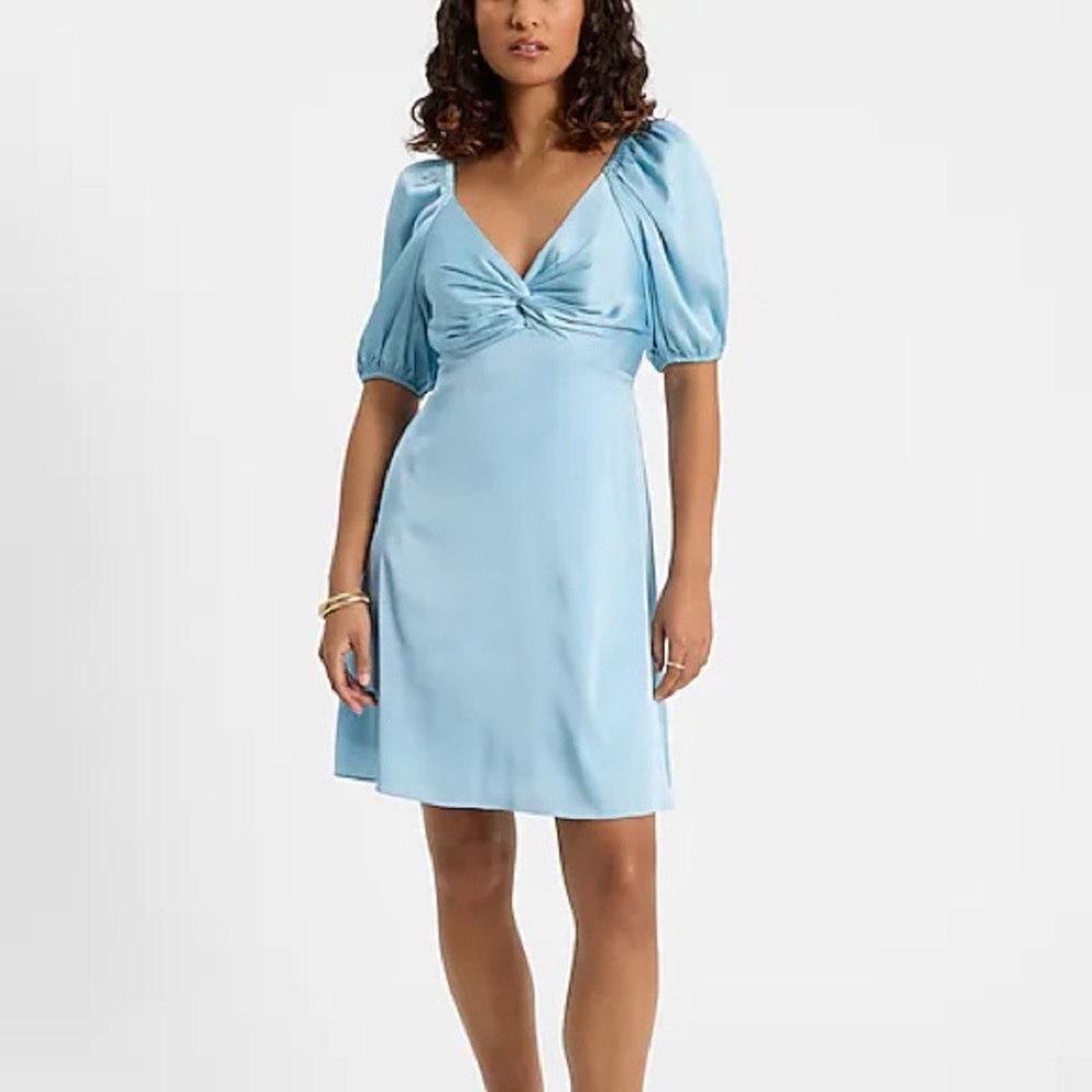 EXPRESS Satin V-Neck Puff Sleeve Twist Front Mini Fit and Flare Dress Golden - Picture 16 of 16